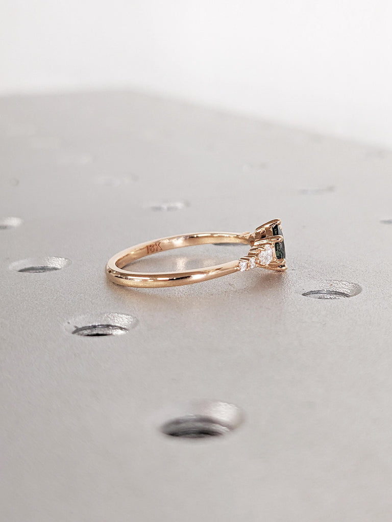 Blue Green Sapphire Ring, Promise Ring for Her, 18k Rose Gold Engagement Ring, Moissanite, Diamond Cluster Ring, Anniversary Gift for Women