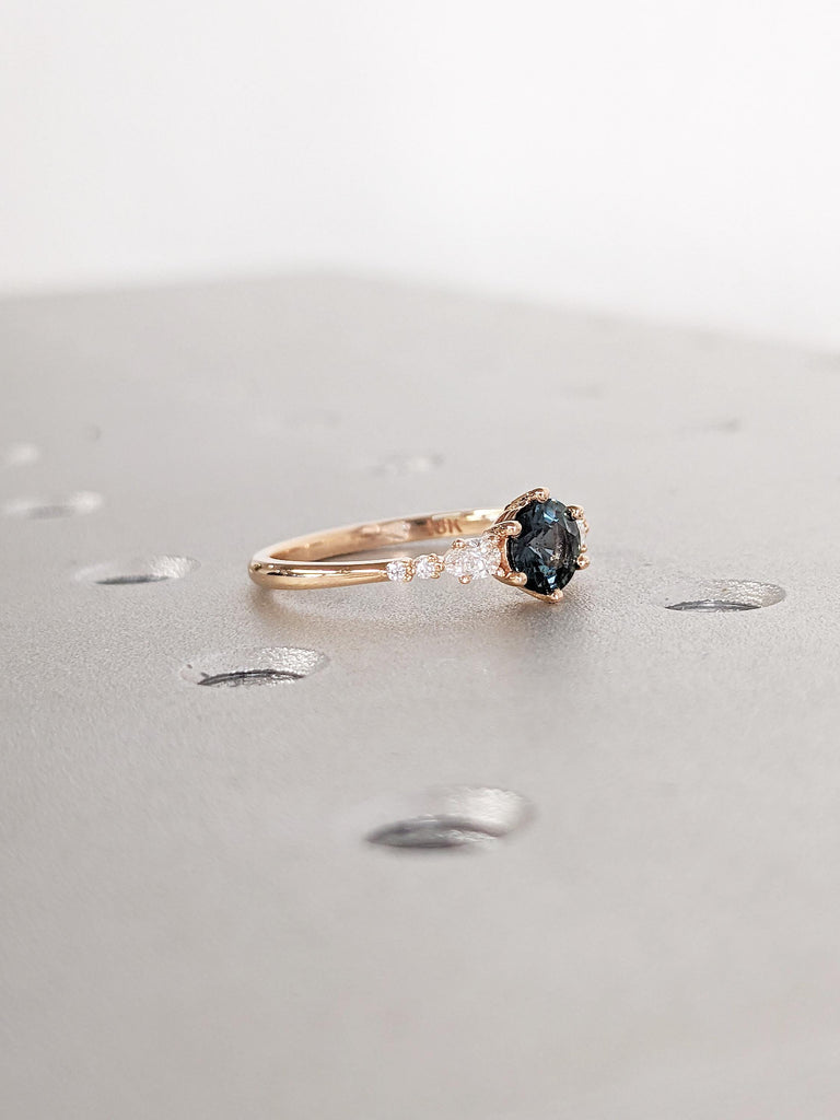 Blue Green Sapphire Ring, Promise Ring for Her, 18k Rose Gold Engagement Ring, Moissanite, Diamond Cluster Ring, Anniversary Gift for Women