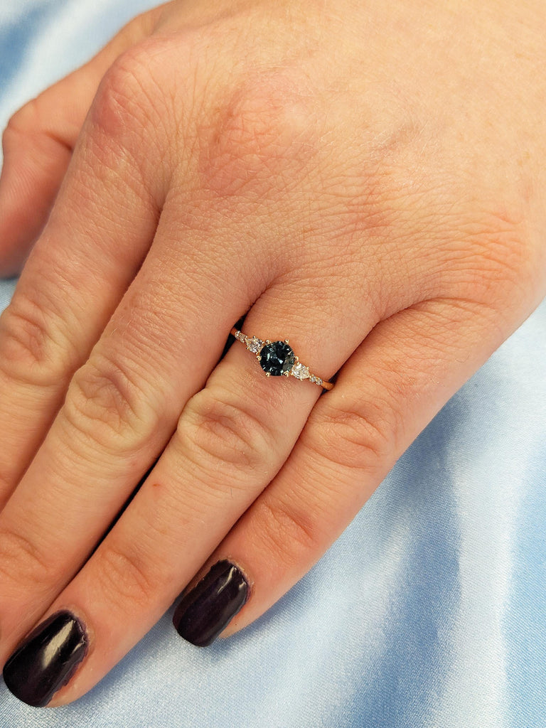 Blue Green Sapphire Ring, Promise Ring for Her, 18k Rose Gold Engagement Ring, Moissanite, Diamond Cluster Ring, Anniversary Gift for Women