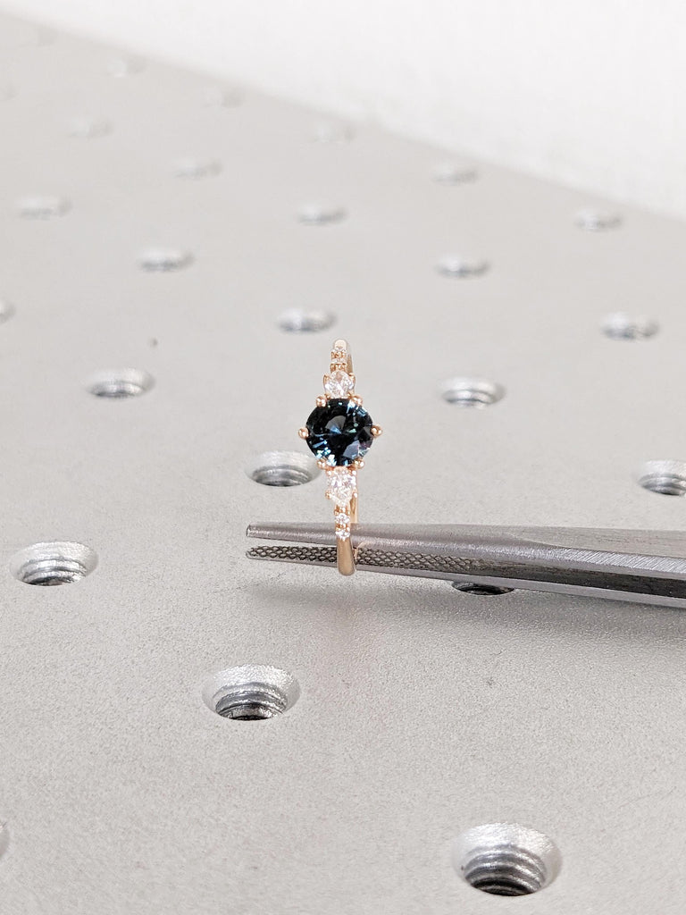 Blue Green Sapphire Ring, Promise Ring for Her, 18k Rose Gold Engagement Ring, Moissanite, Diamond Cluster Ring, Anniversary Gift for Women