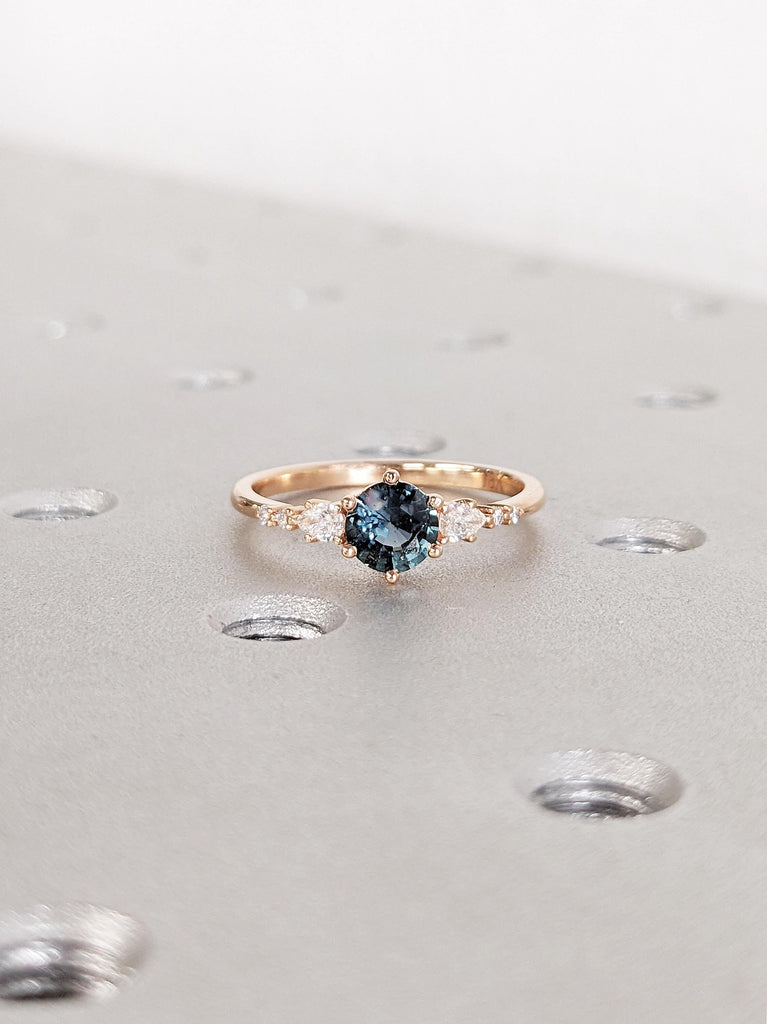 Blue Green Sapphire Ring, Promise Ring for Her, 18k Rose Gold Engagement Ring, Moissanite, Diamond Cluster Ring, Anniversary Gift for Women