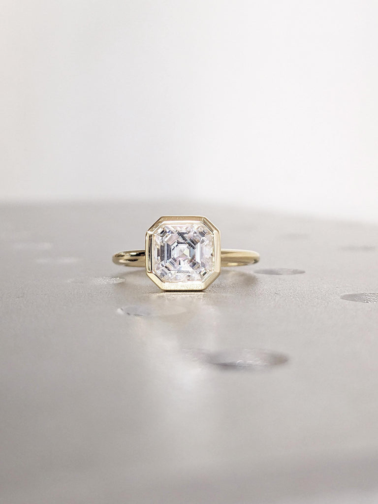 Asscher Cut Moissanite Engagement Ring, 14K Yellow Gold Solitaire Bezel Ring, Promise Ring for Women, Dainty Anniversary Ring, Gift for Wife