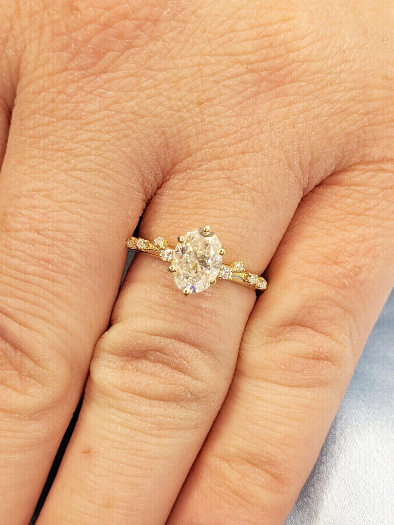 Lab Grown Diamond Ring, Art Deco 14k Solid Gold Ring, Unique Diamond Cluster Ring, Oval Cut Engagement Rings for Women, Bridal Gift for Her