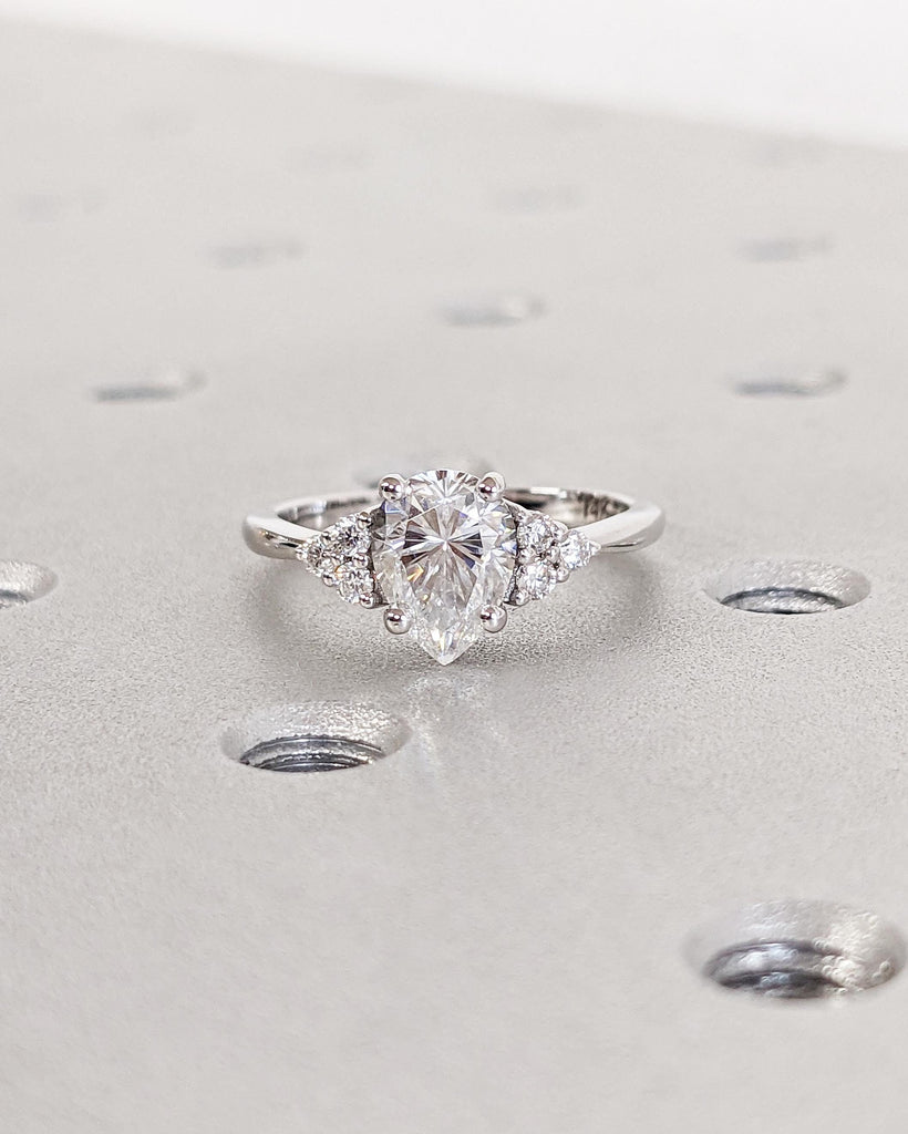 Vintage Pear Moissanite Engagement Ring, Unique Art Deco Diamond Cluster Ring, White Gold Engagement Ring for Women Wedding Anniversary Ring