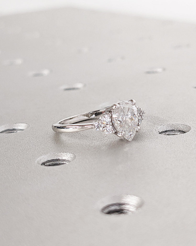 Vintage Pear Moissanite Engagement Ring, Unique Art Deco Diamond Cluster Ring, White Gold Engagement Ring for Women Wedding Anniversary Ring