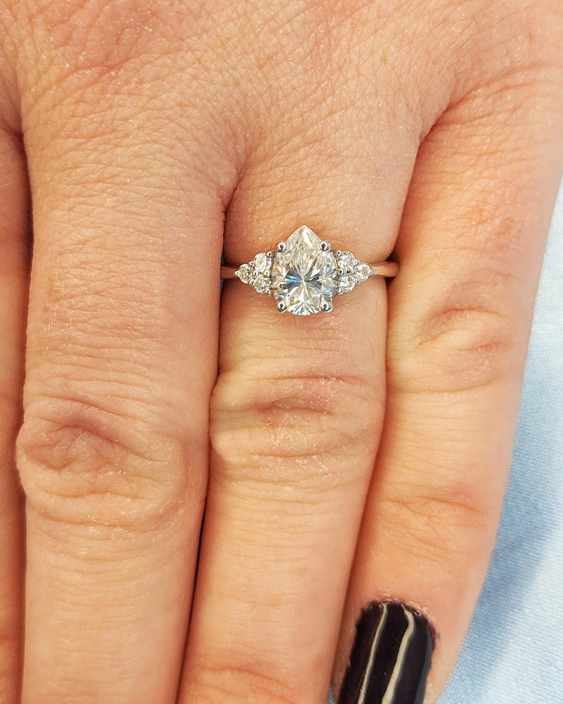Vintage Pear Moissanite Engagement Ring, Unique Art Deco Diamond Cluster Ring, White Gold Engagement Ring for Women Wedding Anniversary Ring