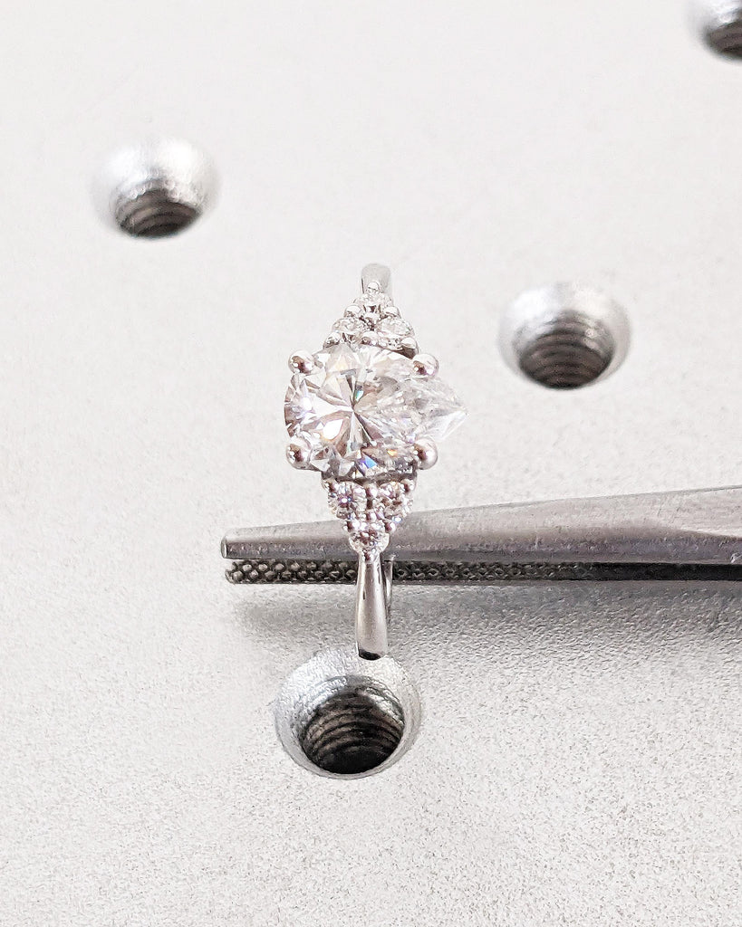 Vintage Pear Moissanite Engagement Ring, Unique Art Deco Diamond Cluster Ring, White Gold Engagement Ring for Women Wedding Anniversary Ring