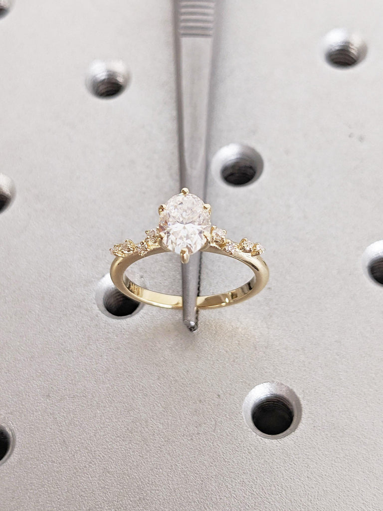 Lab Grown Diamond Ring, Art Deco 14k Solid Gold Ring, Unique Diamond Cluster Ring, Oval Cut Engagement Rings for Women, Bridal Gift for Her
