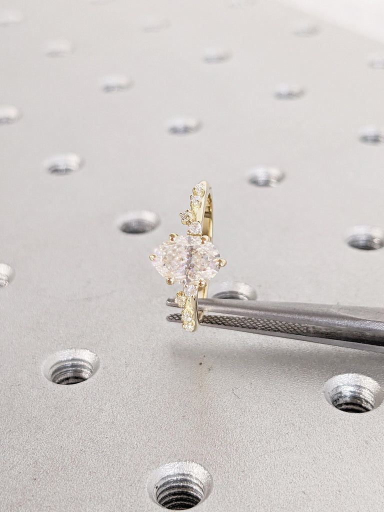 Lab Grown Diamond Ring, Art Deco 14k Solid Gold Ring, Unique Diamond Cluster Ring, Oval Cut Engagement Rings for Women, Bridal Gift for Her