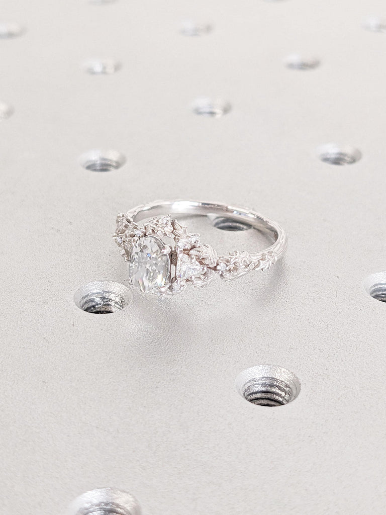 Unique Diamond and Moissanite Art Deco Promise Anniversary Ring for Wife | Solid White Gold Engagement Ring | 1ct, 1.5ct Man Made Diamond