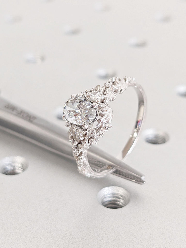 Nature Inspired 1ct Moissanite Engagement Ring | Art Deco Promise Anniversary Ring for Her | Leaf Ring | 14k White Gold Rings for Women