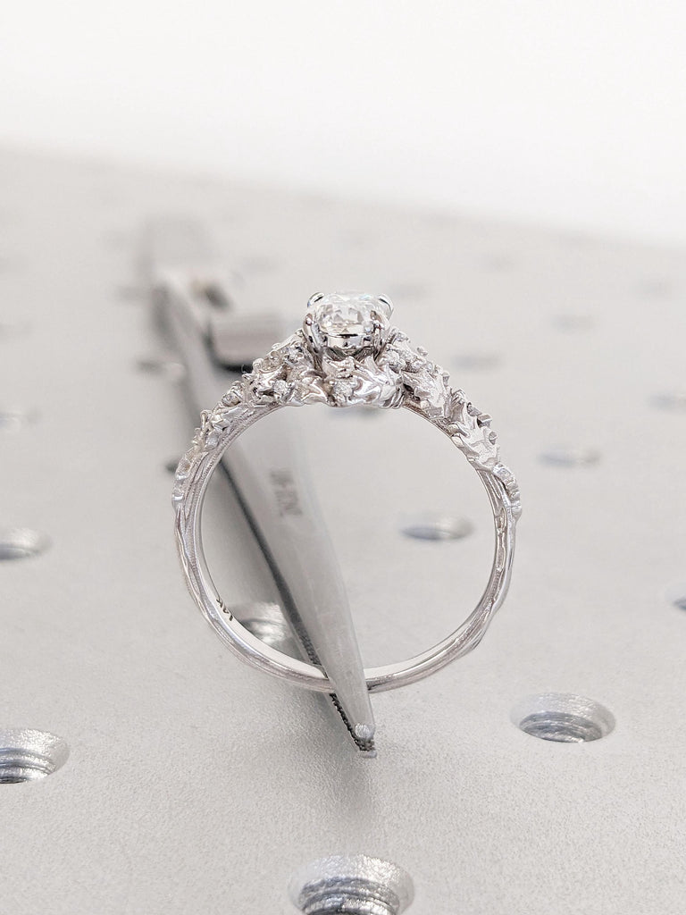 Leaf and Twigs Ring | Rustic Engagement Ring | 14k 18k White Gold Moissanite and Lab Diamond Cluster Ring | Oval cut Moissanite Ring