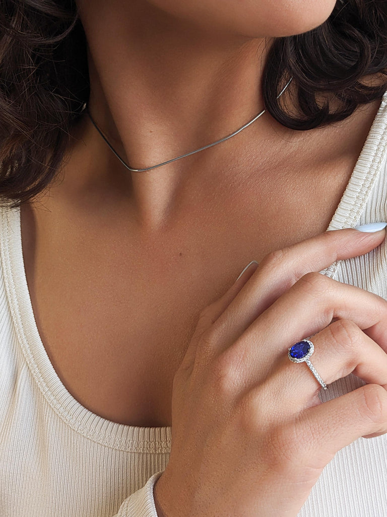 Sapphire and Diamond Ring | Vintage Oval Halo Rings | Lab Created Sapphire Engagement Rings for Women | White Gold Blue Sapphire Ring
