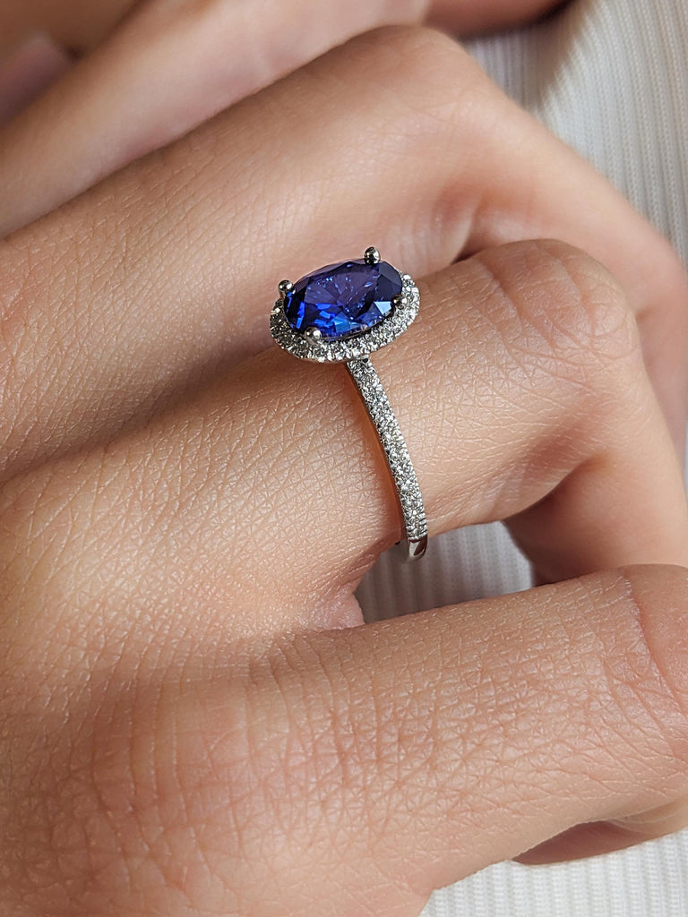 1 Carat Oval Sapphire and Lab Diamond Halo Ring | Engagement Ring
