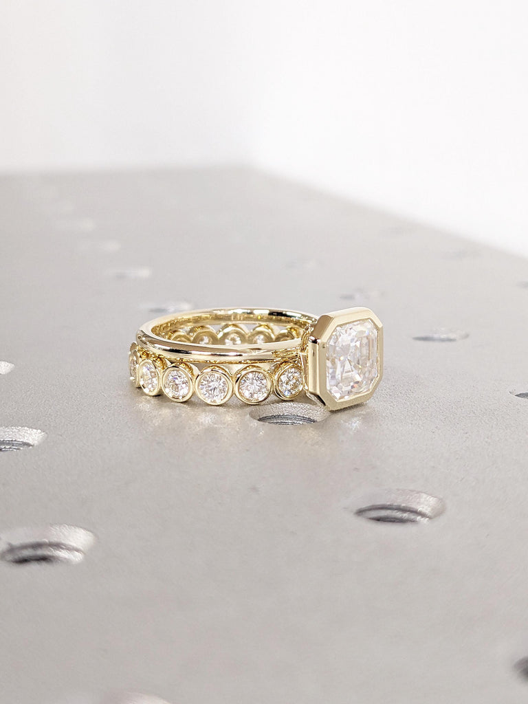 14K Yellow Gold Wedding Ring Set, Moissanite Anniversary Ring, Diamond Bezel Set Engagement Ring, Asscher Cut Moissanite Ring, Gift for Wife