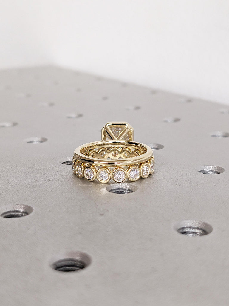 14K Yellow Gold Wedding Ring Set, Moissanite Anniversary Ring, Diamond Bezel Set Engagement Ring, Asscher Cut Moissanite Ring, Gift for Wife