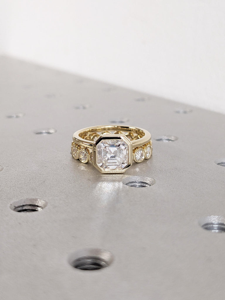 Unique Moissanite Wedding Ring Set, 14k Yellow Gold Bezel Set Ring, Moissanite Eternity Ring, Birthday Gift for Her, Dainty Anniversary Ring
