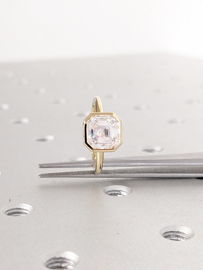 14K Yellow Gold Wedding Ring Set, Moissanite Anniversary Ring, Diamond Bezel Set Engagement Ring, Asscher Cut Moissanite Ring, Gift for Wife