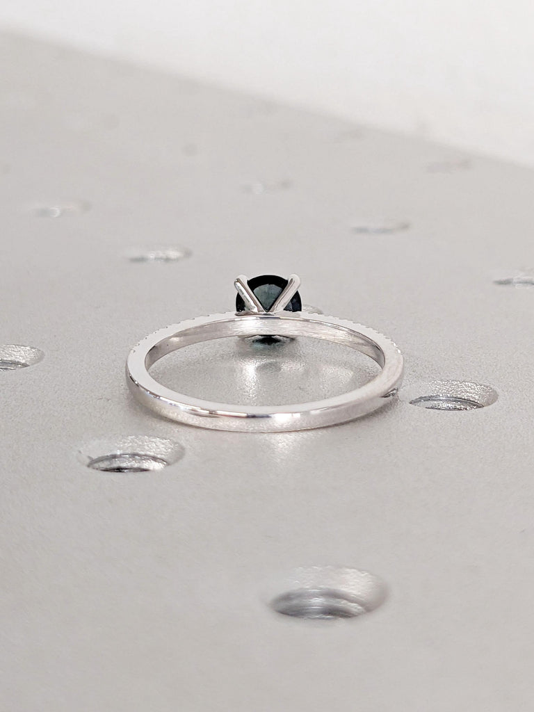 Round cut Blue Green Sapphire Promise Anniversary Ring for Her | 14k 18k Solid Gold Thin Engagement Ring | Lab Diamond Half Eternity Band