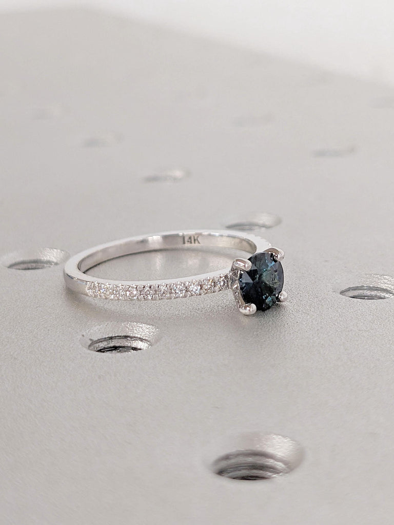 Round cut Blue Green Sapphire Promise Anniversary Ring for Her | 14k 18k Solid Gold Thin Engagement Ring | Lab Diamond Half Eternity Band