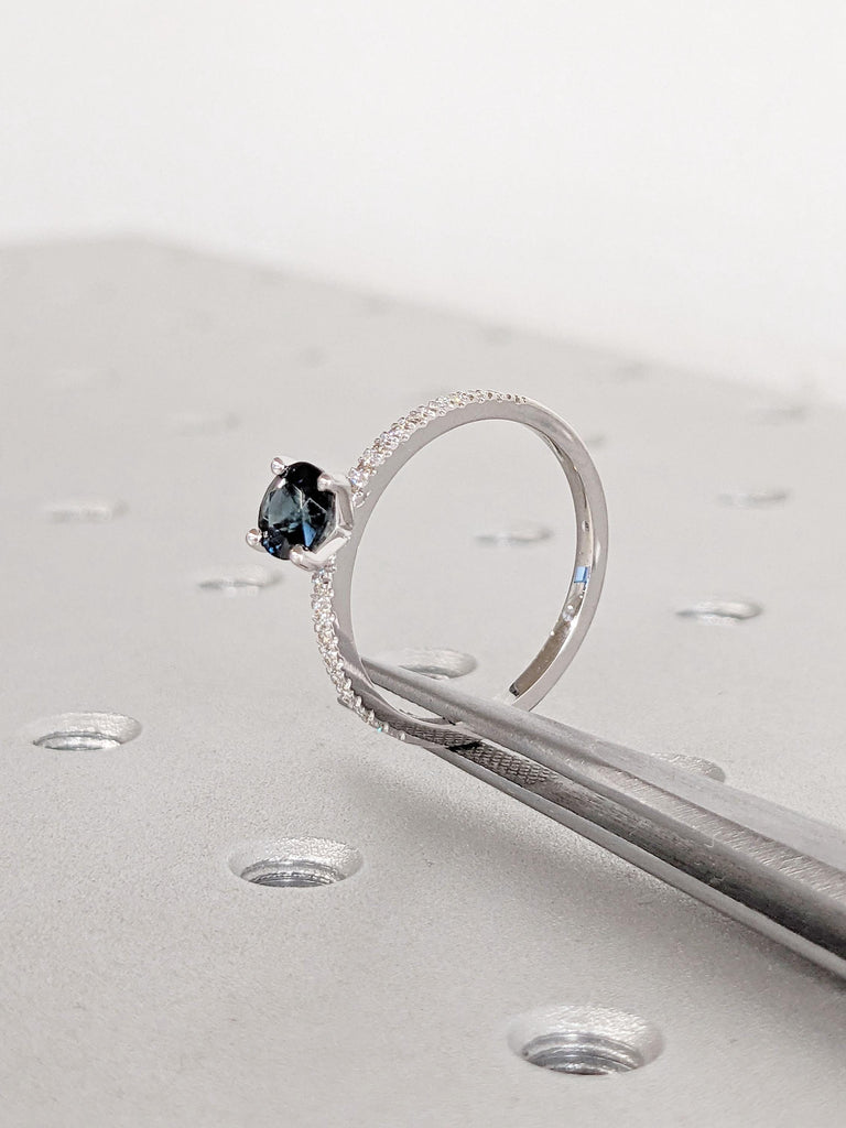 Round cut Blue Green Sapphire Promise Anniversary Ring for Her | 14k 18k Solid Gold Thin Engagement Ring | Lab Diamond Half Eternity Band
