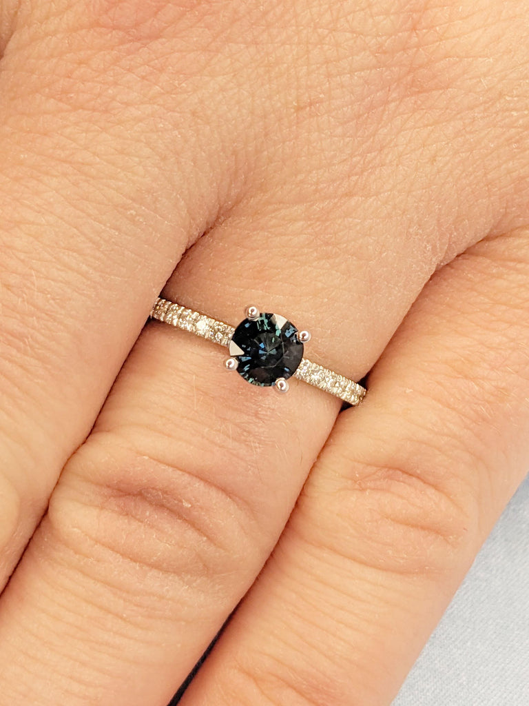 0.5 Carat Peacock Sapphire Ring | Round cut Sapphire Engagement Ring | 14k Gold Lab Diamond Eternity Band