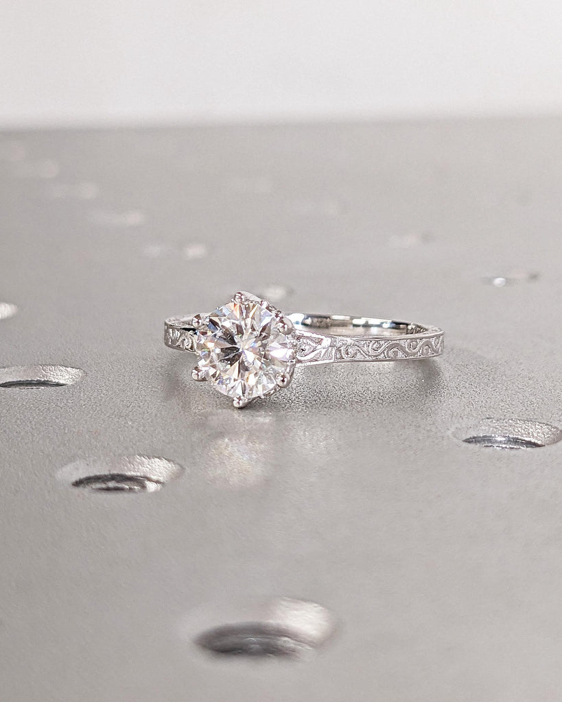 Vintage Engagement Ring Moissanite Engagement Ring Art Deco Hidden Halo Ring Prong Set Anniversary Unique Ring Carved Filigree Minimalist
