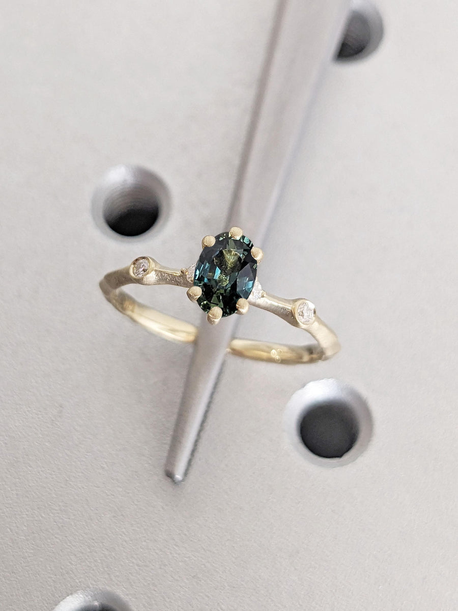Natural Blue Green Sapphire and Lab Diamond Ring | 14k Gold Oval Engag ...