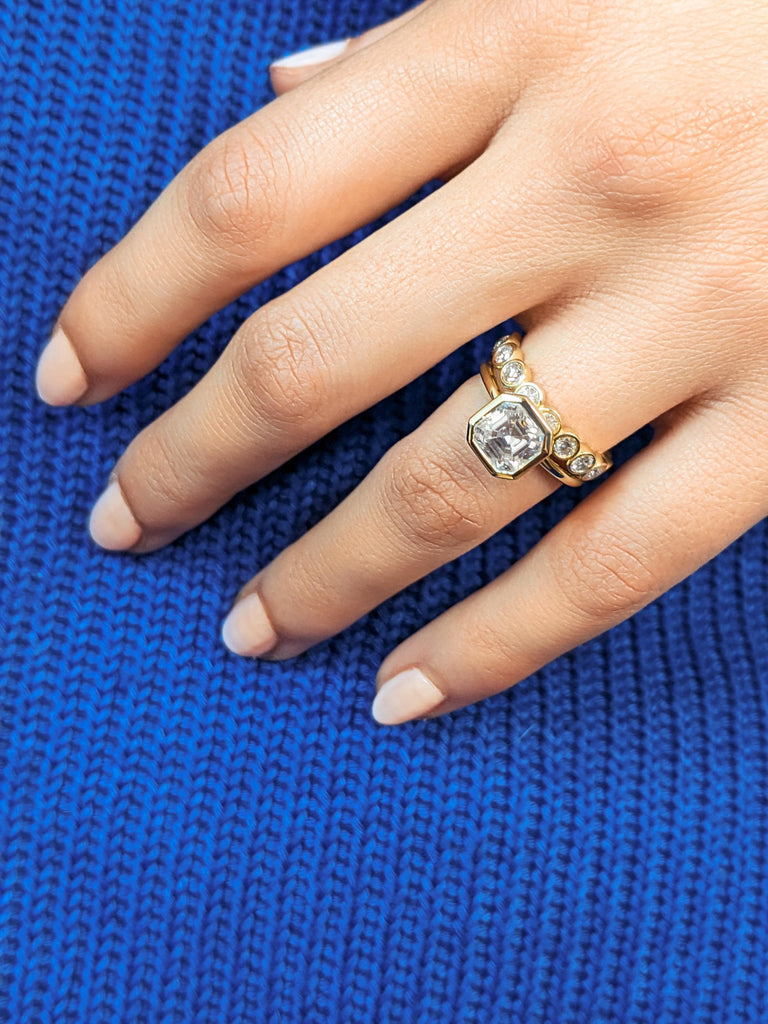 Unique 14k Solid Gold Bezel Set Ring, Art Deco Lab Grown Diamond Bridal Set, Round Cut Moissanite Eternity Ring, Anniversary Gift for Women