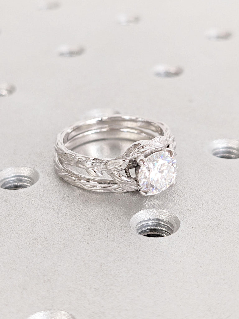 1.5ct, 2 Carat Moissanite Promise Ring | Round cut Ring | 18K White Gold Rings for Women | Twig and Leaf Rustic Engagement Stacking Ring