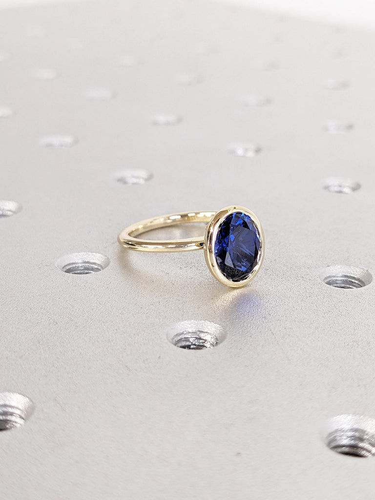 Oval Lab Sapphire Ring | 14k Yellow Gold Bezel Set Ring | Blue Sapphire Engagement Ring | Solitaire Promise Rings for Women | Gemstone Ring