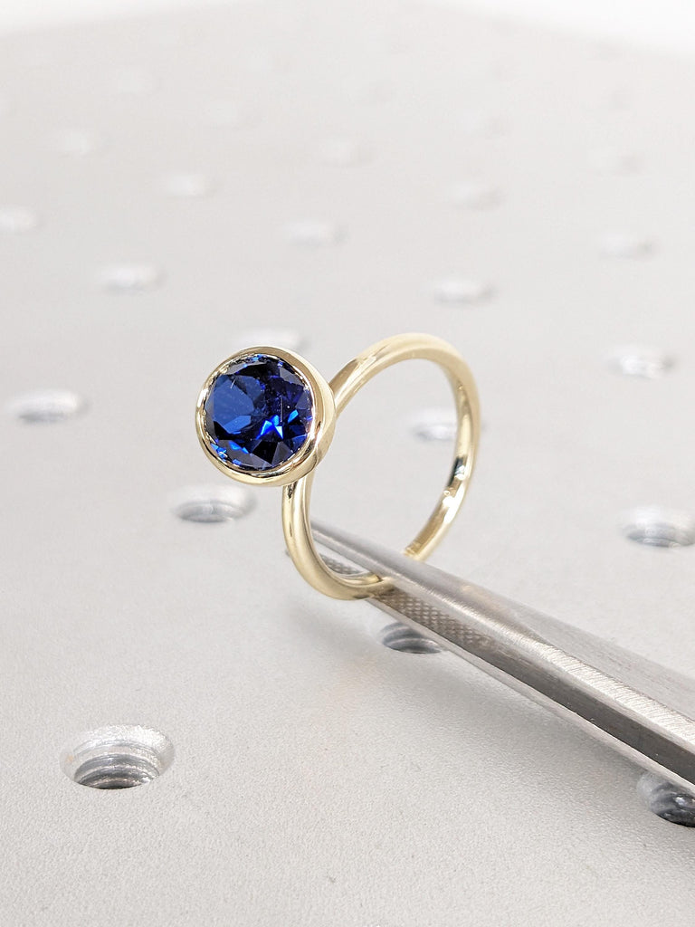 Oval Lab Sapphire Ring | 14k Yellow Gold Bezel Set Ring | Blue Sapphire Engagement Ring | Solitaire Promise Rings for Women | Gemstone Ring
