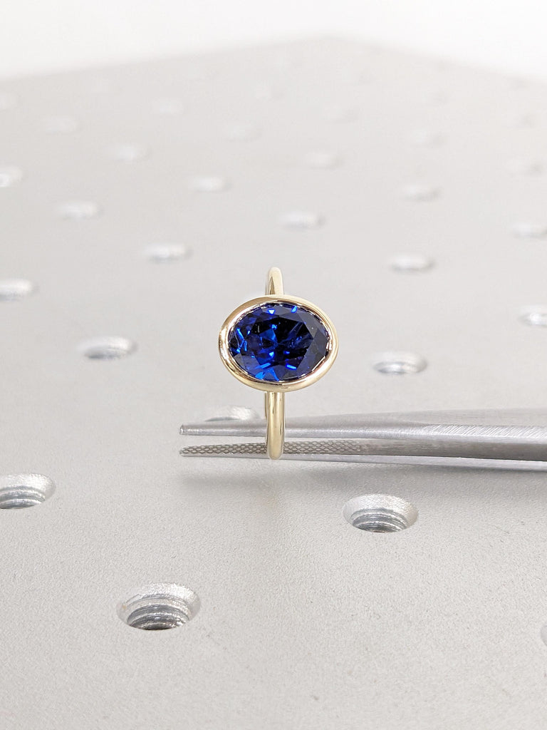 Oval Lab Sapphire Ring | 14k Yellow Gold Bezel Set Ring | Blue Sapphire Engagement Ring | Solitaire Promise Rings for Women | Gemstone Ring