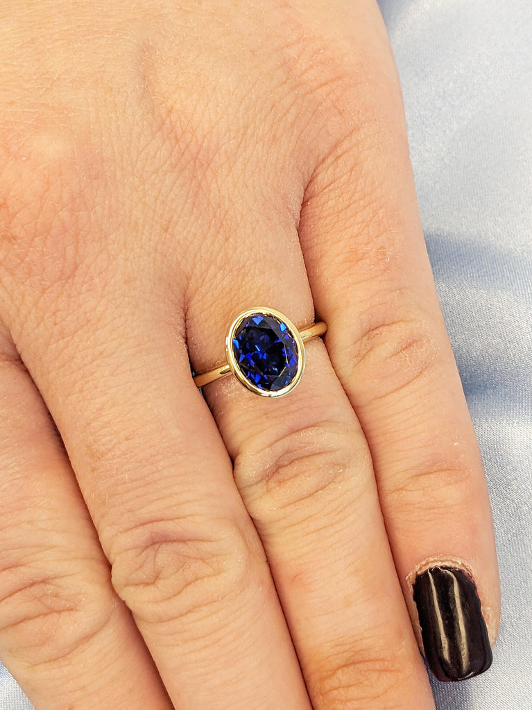 Oval Bezel Set Lab Sapphire Anniversary Ring | 14k Solid Gold Wedding Ring | Blue Sapphire Statement Ring | Minimalist Ring | Gift for Women