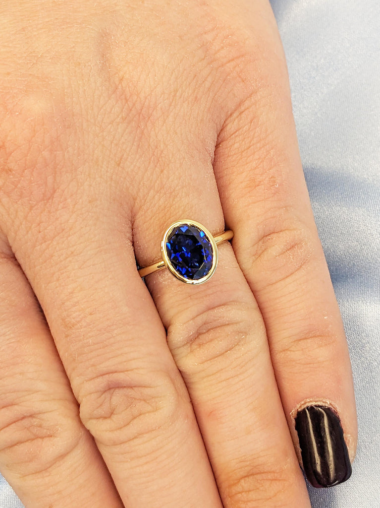 Oval Lab Sapphire Ring | 14k Yellow Gold Bezel Set Ring | Blue Sapphire Engagement Ring | Solitaire Promise Rings for Women | Gemstone Ring