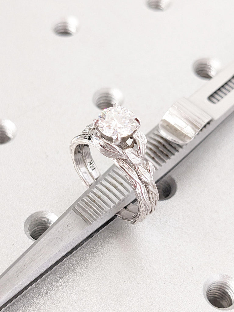 Round Lab Created Diamond Solitaire Nature Inspired Engagement Ring Set | Stacking Ring | Solid White Gold Twig Ring | Rustic Wedding Ring