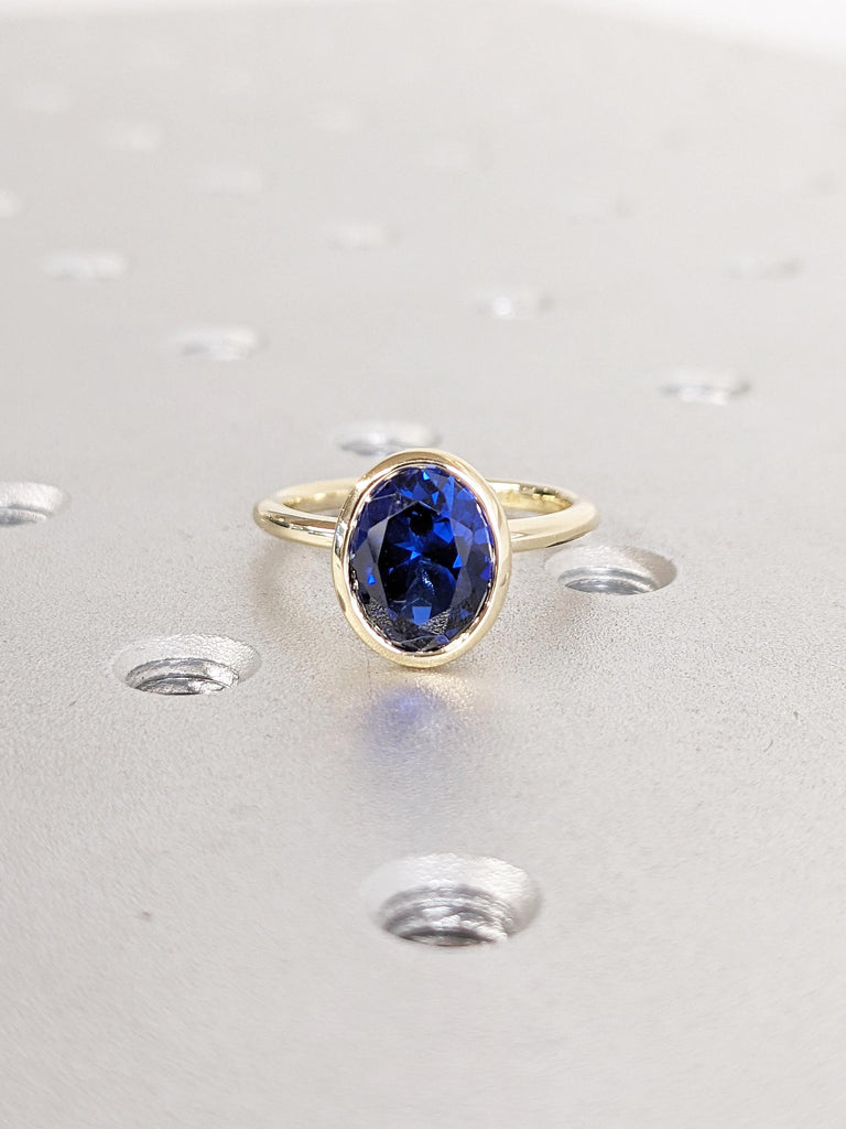 Oval Lab Sapphire Ring | 14k Yellow Gold Bezel Set Ring | Blue Sapphire Engagement Ring | Solitaire Promise Rings for Women | Gemstone Ring
