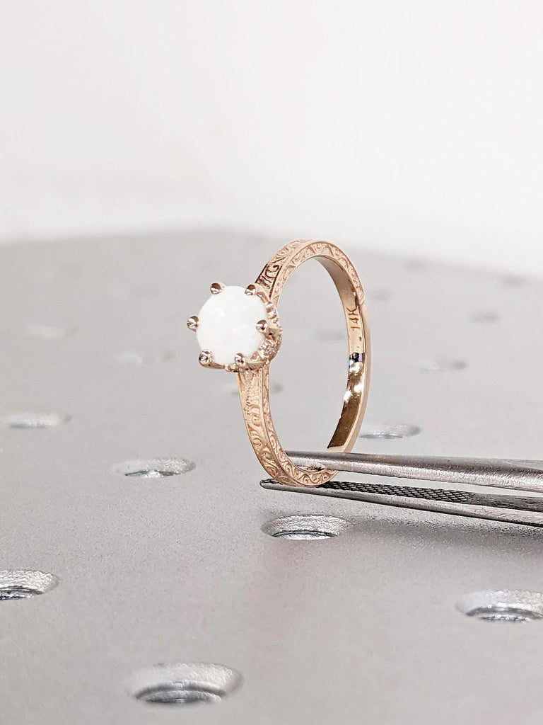 Round Opal Engagement Ring for Her | 14K Rose Gold Engagement Ring | Vintage Filigree Ring | Round cut Diamond Ring Anniversary Promise Ring