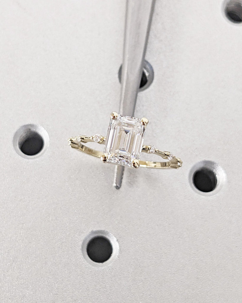 Vintage Emerald Cut Engagement Ring, Dainty Emerald Cut Ring, Lab Grown Diamond Ring, 14K Yellow Gold Wedding Ring, Unique Anniversary Ring