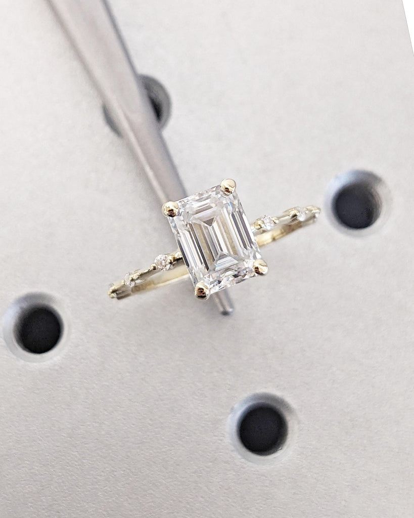 Vintage Emerald Cut Engagement Ring, Dainty Emerald Cut Ring, Lab Grown Diamond Ring, 14K Yellow Gold Wedding Ring, Unique Anniversary Ring