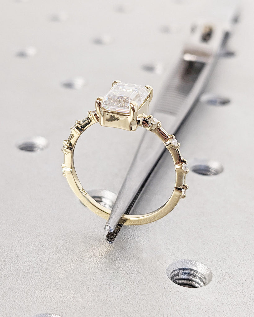 Vintage Emerald Cut Engagement Ring, Dainty Emerald Cut Ring, Lab Grown Diamond Ring, 14K Yellow Gold Wedding Ring, Unique Anniversary Ring