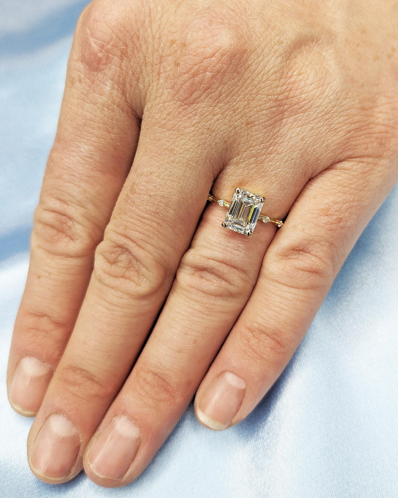 Vintage Emerald Cut Engagement Ring, Dainty Emerald Cut Ring, Lab Grown Diamond Ring, 14K Yellow Gold Wedding Ring, Unique Anniversary Ring