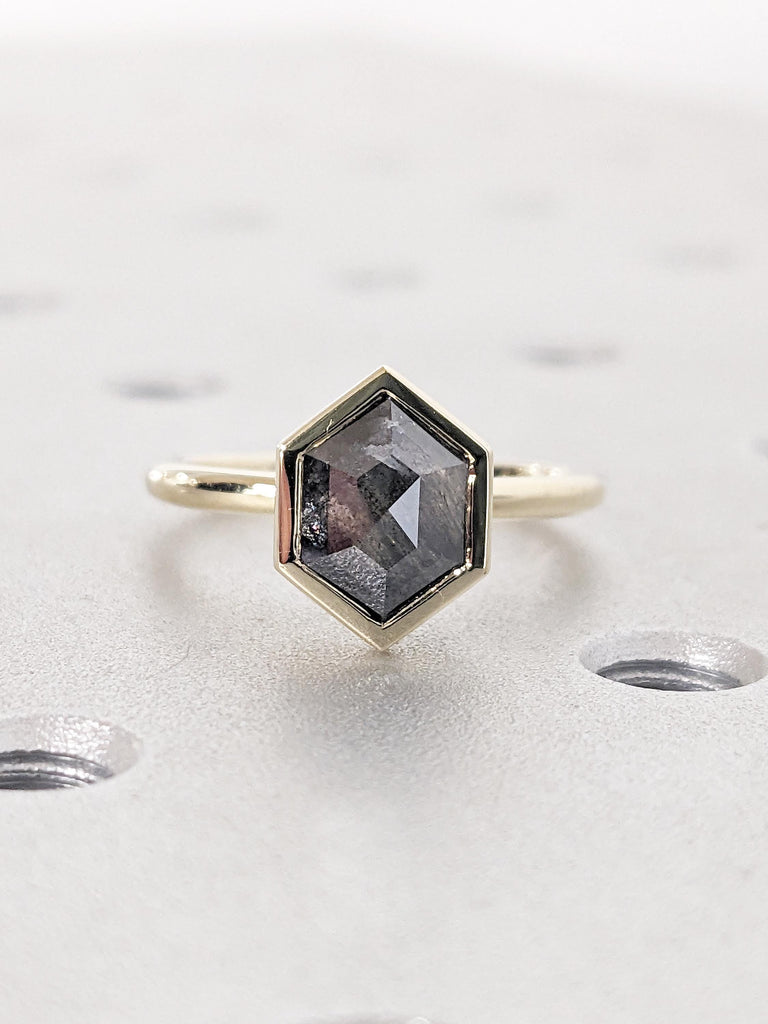 Salt and Pepper Diamond Ring, 14K Yellow Gold Bezel Set Diamond Ring, Unique Anniversary Ring, Dainty Promise Rings for Women, Gift for Her