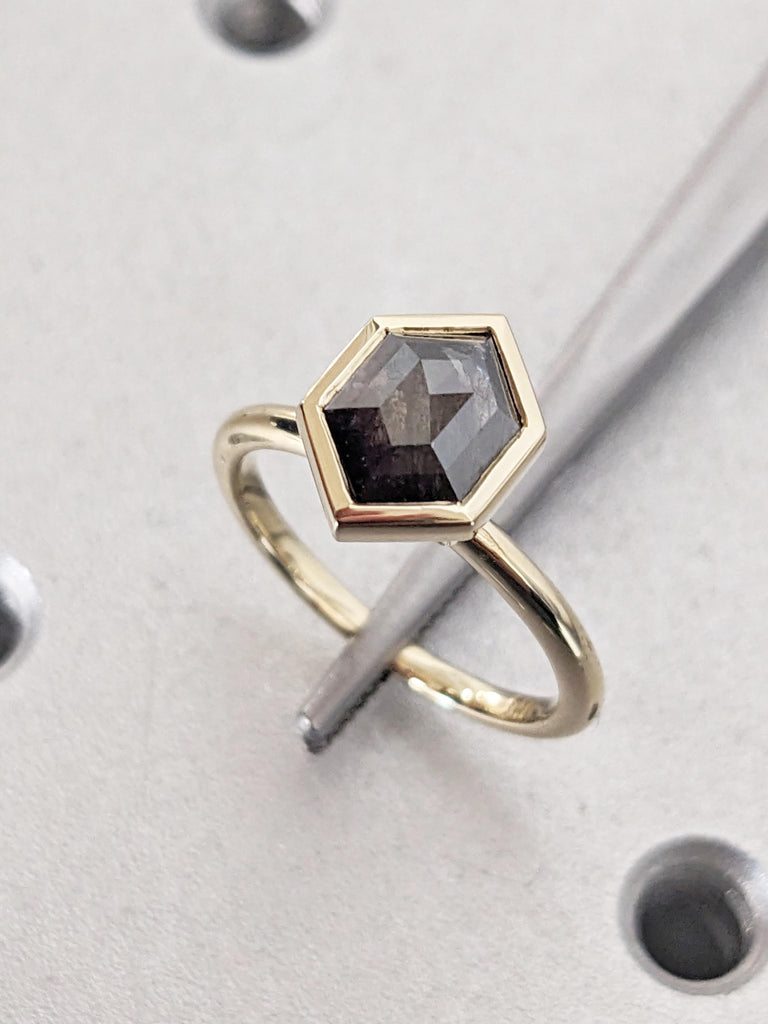 Salt and Pepper Diamond Ring, 14K Yellow Gold Bezel Set Diamond Ring, Unique Anniversary Ring, Dainty Promise Rings for Women, Gift for Her