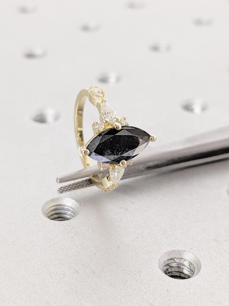 Pear and Round Diamond Cluster Ring | Solid Yellow Gold Engagement Rings for Women | Salt and Pepper Grey Diamond Marquise cut