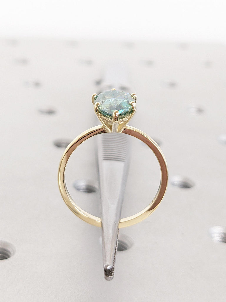 Green Moissanite Ring, Vintage 14k Solid Gold Engagement Ring, Art Deco Hidden Halo Ring, Pear Cut Wedding Rings for Women, Anniversary Ring