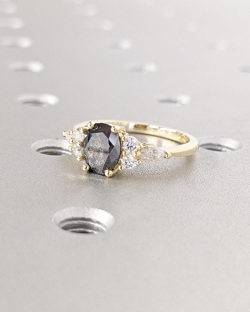 Galaxy Salt and Pepper Diamond Oval Engagement Ring, Diamond Cluster Multi-Stone Wedding Ring, 14K Yellow Gold Salt and Pepper Diamond Ring