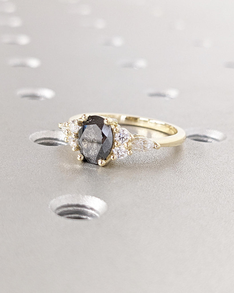 Galaxy Salt and Pepper Diamond Oval Engagement Ring, Diamond Cluster Multi-Stone Wedding Ring, 14K Yellow Gold Salt and Pepper Diamond Ring