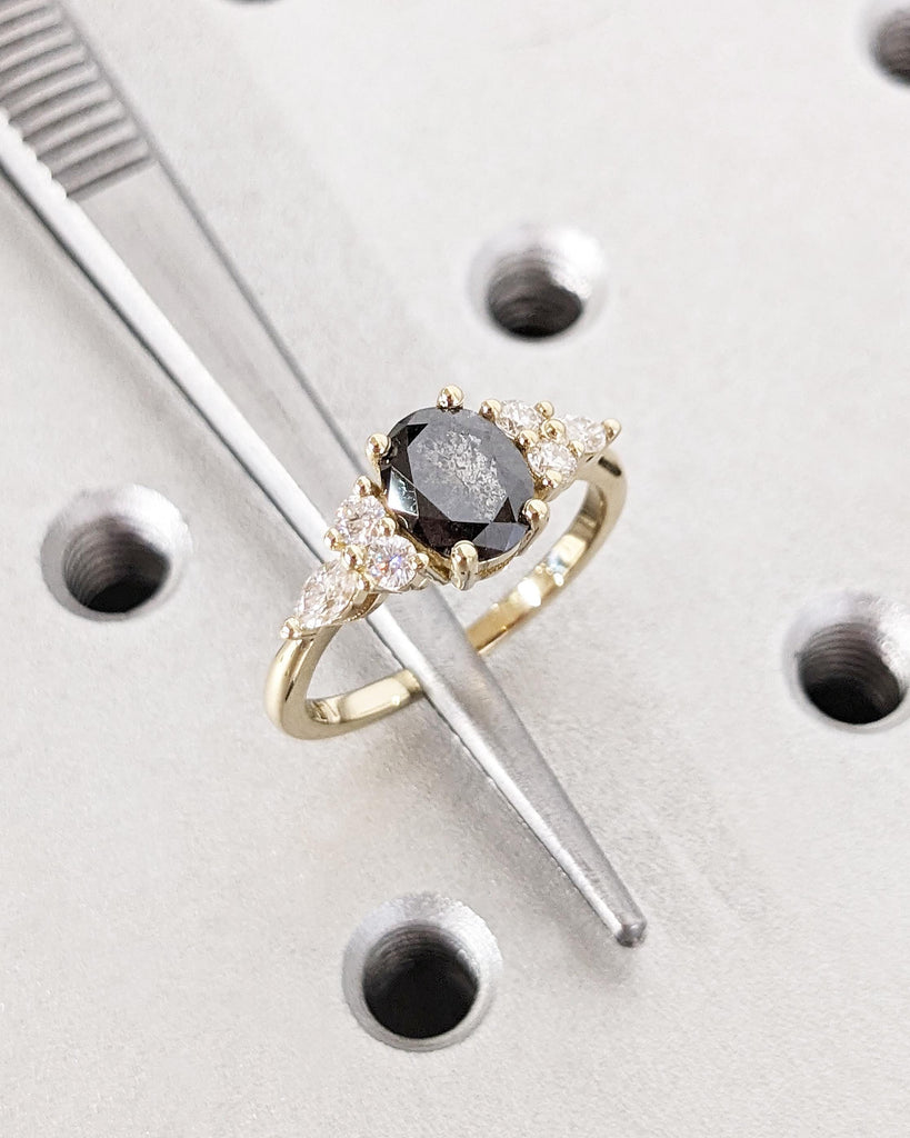 Galaxy Salt and Pepper Diamond Oval Engagement Ring, Diamond Cluster Multi-Stone Wedding Ring, 14K Yellow Gold Salt and Pepper Diamond Ring