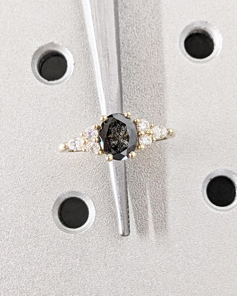 Galaxy Salt and Pepper Diamond Oval Engagement Ring, Diamond Cluster Multi-Stone Wedding Ring, 14K Yellow Gold Salt and Pepper Diamond Ring